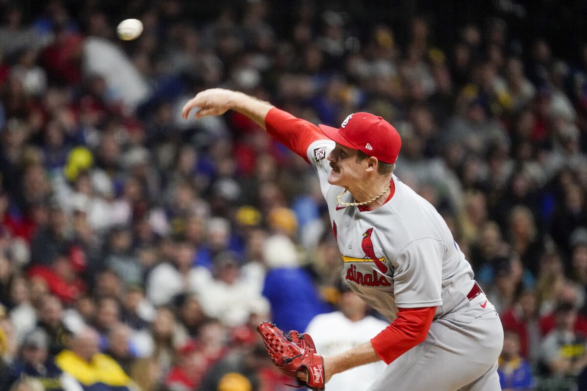 St. Louis Cardinals starting pitcher Miles Mikolas throws during the first inning of a baseball game against the Milwaukee Brewers Friday, April 15, 2022, in Milwaukee. (AP Photo/Morry Gash)