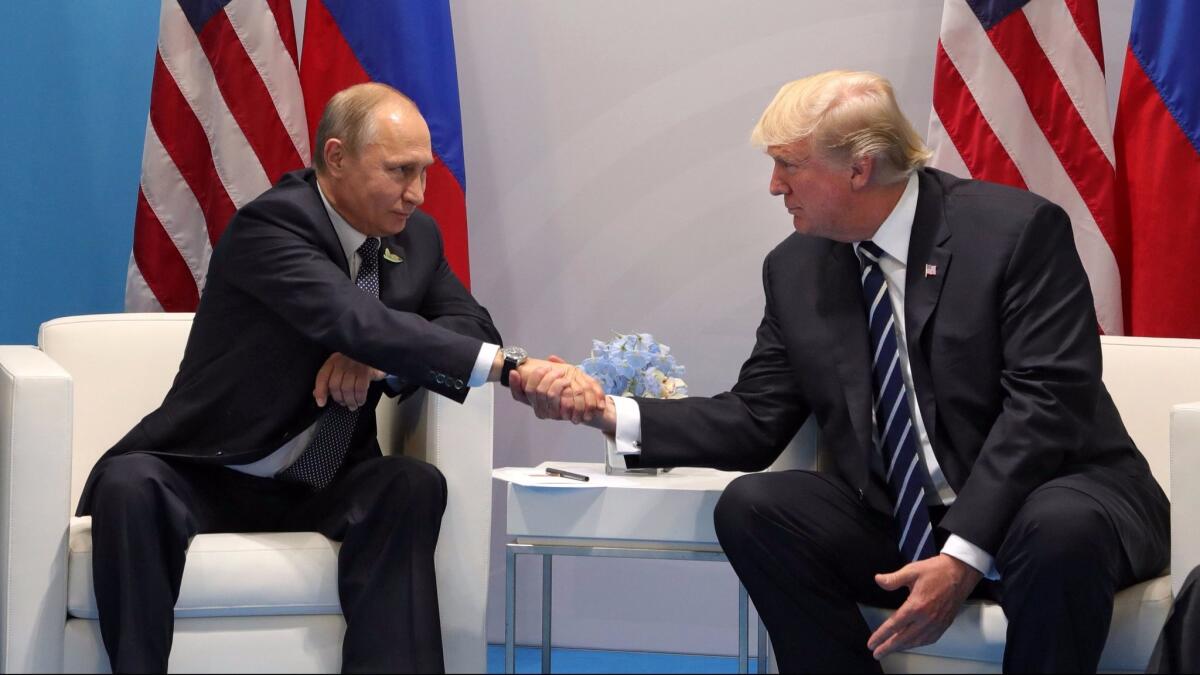 Russian President Vladimir Putin and US President Donald J. Trump shake hands during their meeting on the sidelines of the G20 summit in Hamburg, Germany on July 7.