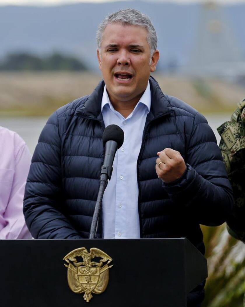 Colombian President Ivan Duque speaks to the press in Bogota, Colombia, 22 January 2019. Duque again asked Cuba to hand over the peace negotiators of the National Liberation Army (ELN) guerrillas who are on the island after that group on Jan. 21 assumed responsibility for the terrorist attack in Bogota that killed 20 police cadets. EFE-EPA/ Leonardo Munoz