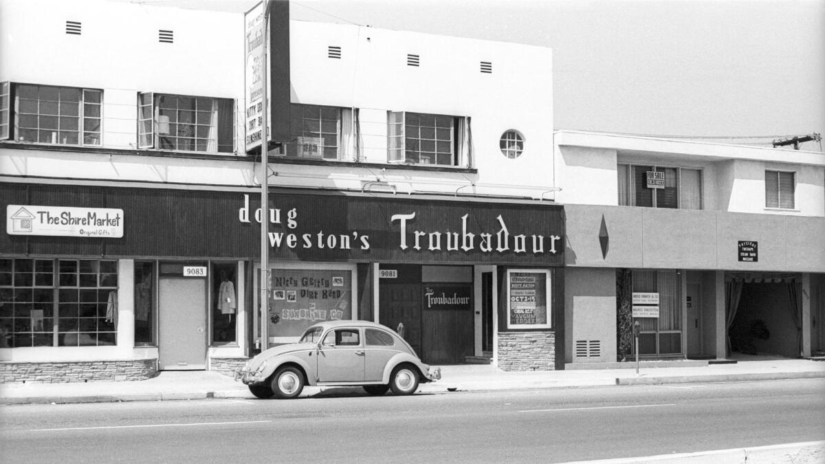 An exterior view of the Troubadour nightclub circa 1967 in Los Angeles.