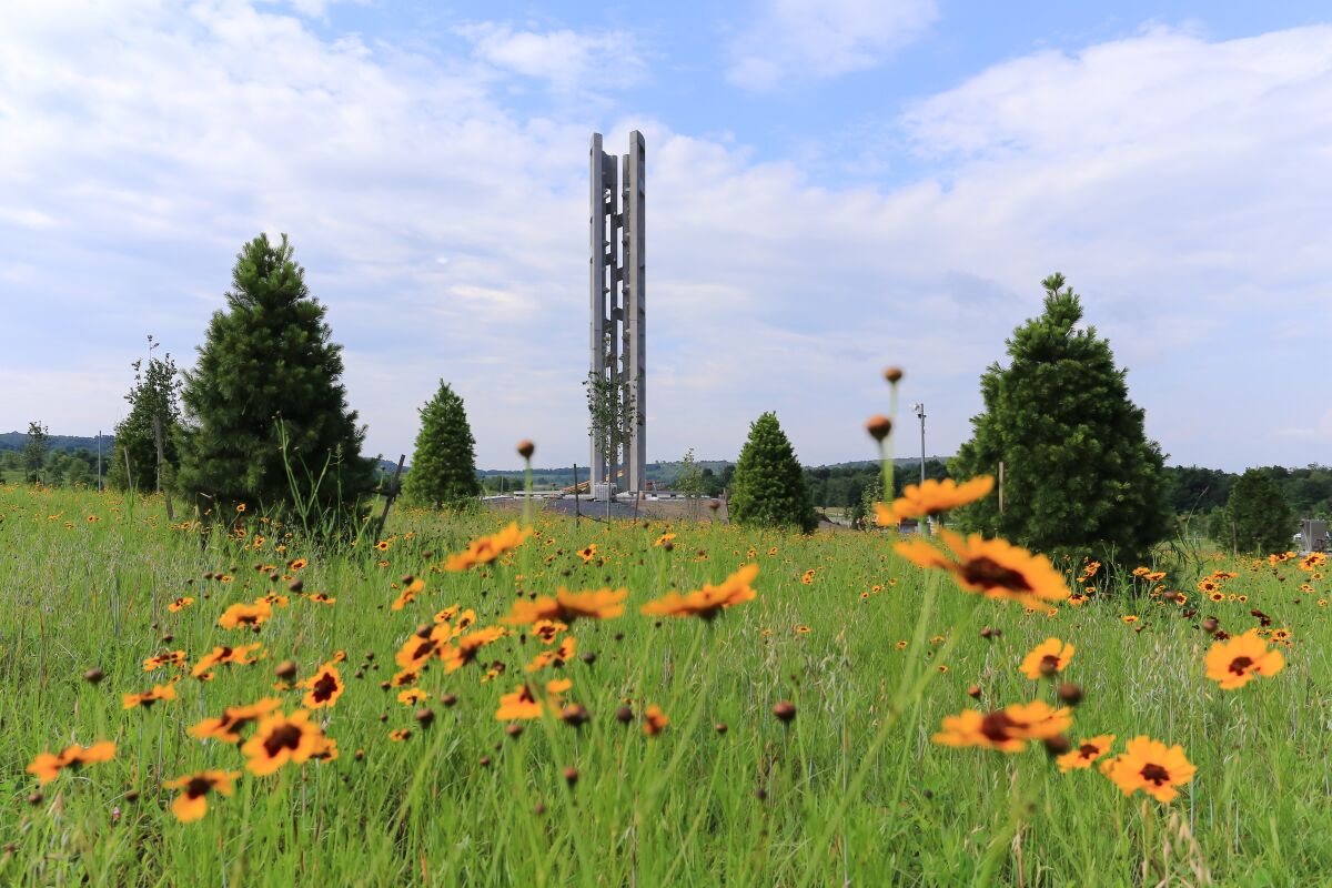 The "Tower of Voices" wind chime at the Flight 93 National Memorial, as seen through a field of wildflowers