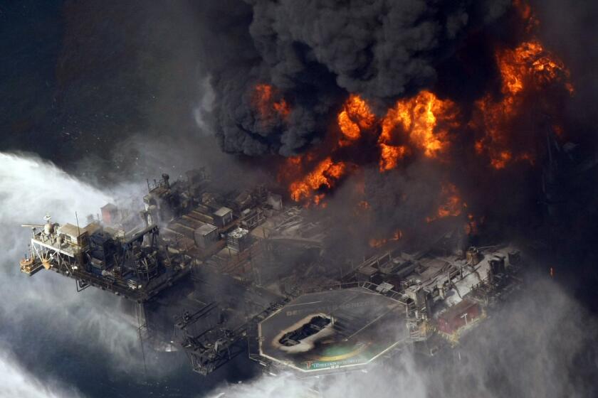 BP, in the process of not ruining the Gulf of Mexico. Photo shows the Deepwater Horizon oil rig ablaze on April 21, 2010.