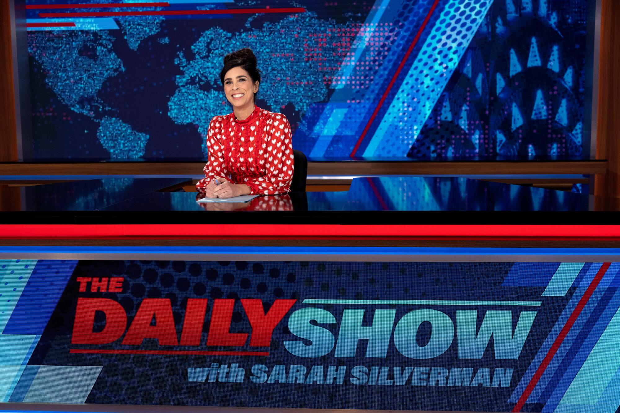 Sarah SIlverman hosts Comedy Central's "The Daily Show" on Nov. 9, 2023.