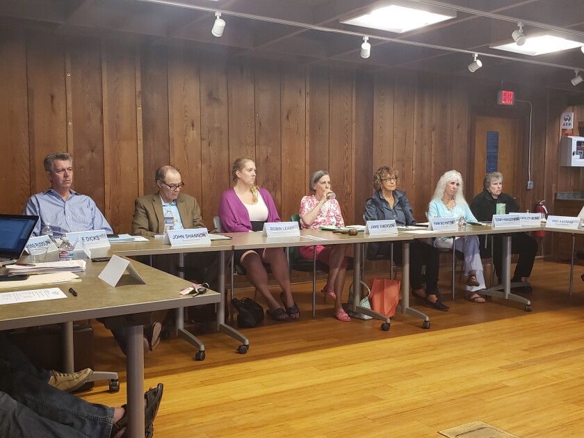 During its July 10 meeting, the La Jolla Shores Association board discusses projects and services it would like the City to fund in the coming year. Pictured from left: Joe Dicks, John Shannon, Robin Leary, Janie Emerson, Pam Boynton, Terry Kraszewski and Mary Coakley-Munk