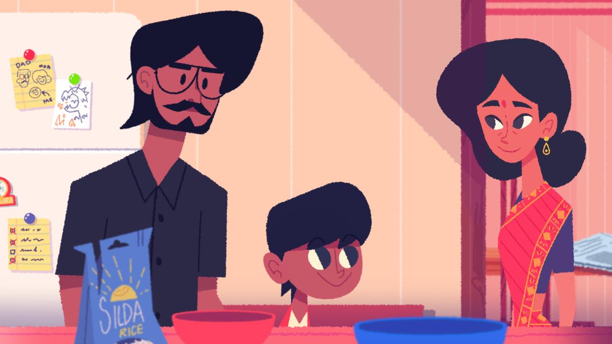 A father, son and mother stand in the kitchen in "Venba." 