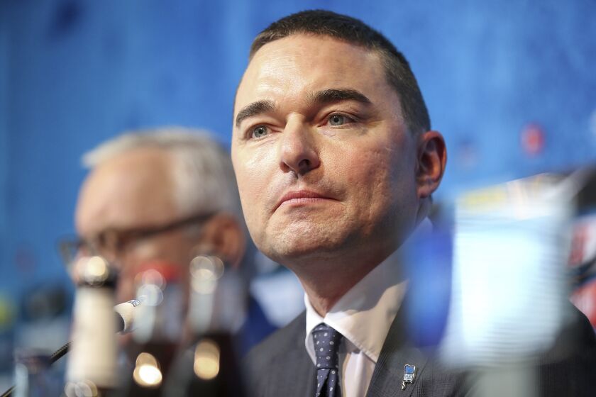 FILE- Hertha Berlin investor Lars Windhorst attends a press conference after the resignation of coach Klinsmann on Feb. 13, 2020 in Berlin, Germany. The relationship between the Bundesliga club and its financial backer has ruptured to the point where Windhorst no longer wants anything to do with it. (Andreas Gora/dpa via AP, File)