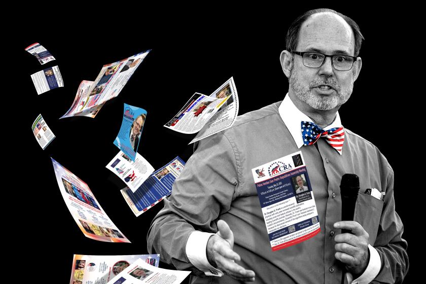 photo illustration of Douglas Frank on a black background with several flyers scattering behind him.