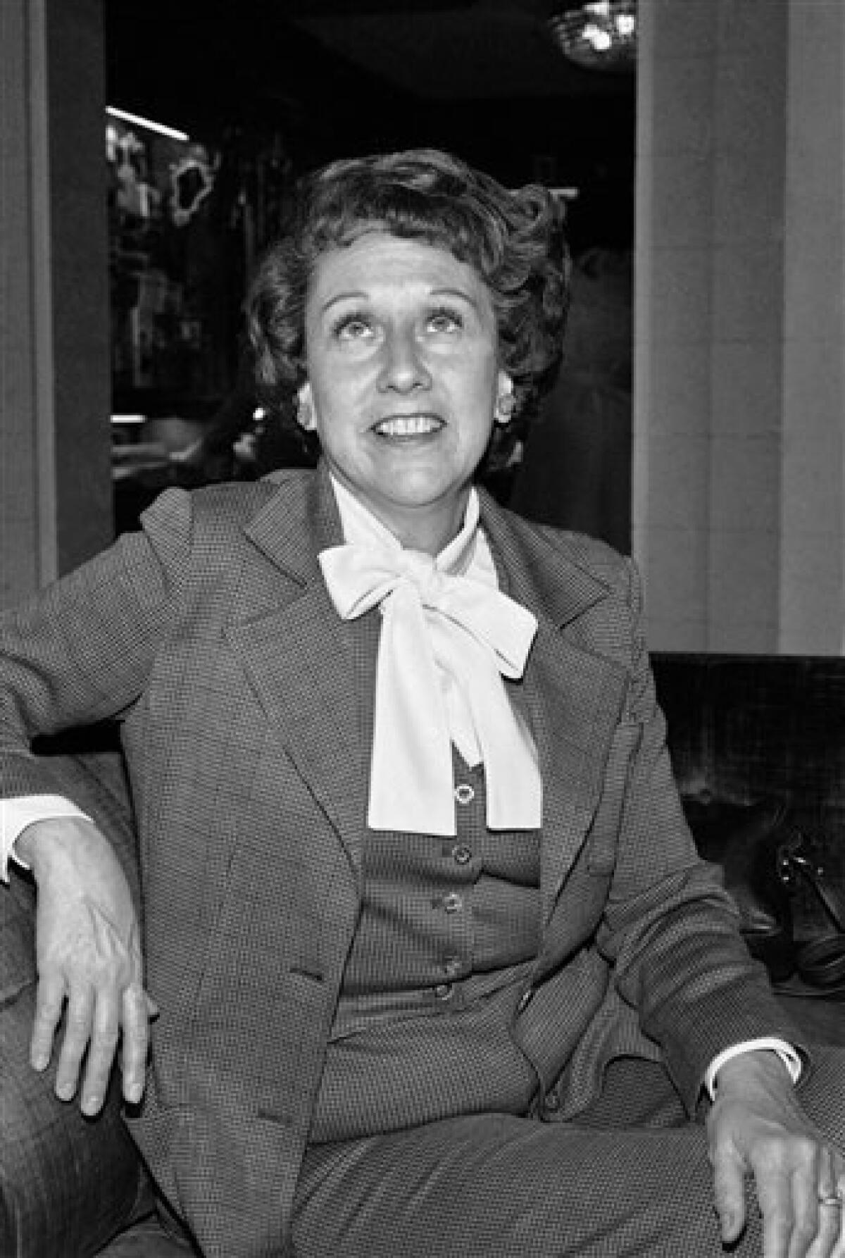 FILE - Actress Jean Stapleton speaks during an interview in Washington on Wednesday, March 3, 1977, saying she will increase speaking out to the "Edith Bunkers" of the land to try and muster support for the Equal Rights Amendment. Stapleton, who played Edith Bunker in the groundbreaking 1970s TV comedy "All in the Family," has died. She was 90. John Putch said Saturday, June 1, 2013 that his mother died Friday, May 31, 2013 of natural causes at her New York City home surrounded by friends and fa