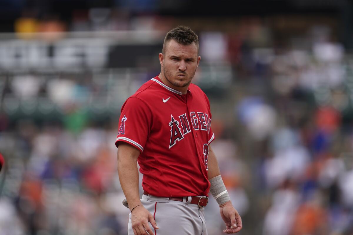 Angels slugger Mike Trout purses his lips.