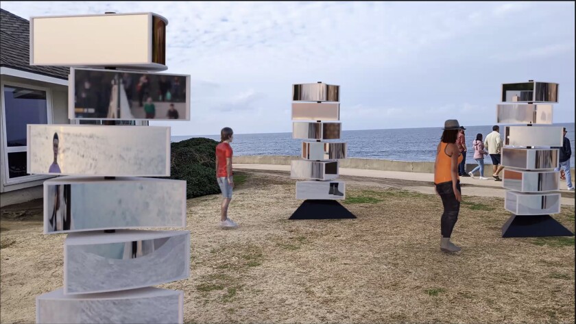 A rendering depicts "Reflexion," an art installation planned for La Jolla's Scripps Park in June.