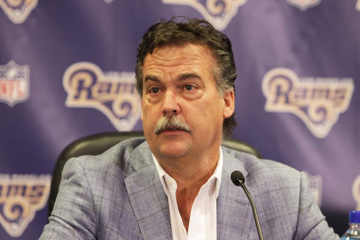 Coach Jeff Fisher of the Los Angeles Rams talks to the media in Manhattan Beach on March 4.