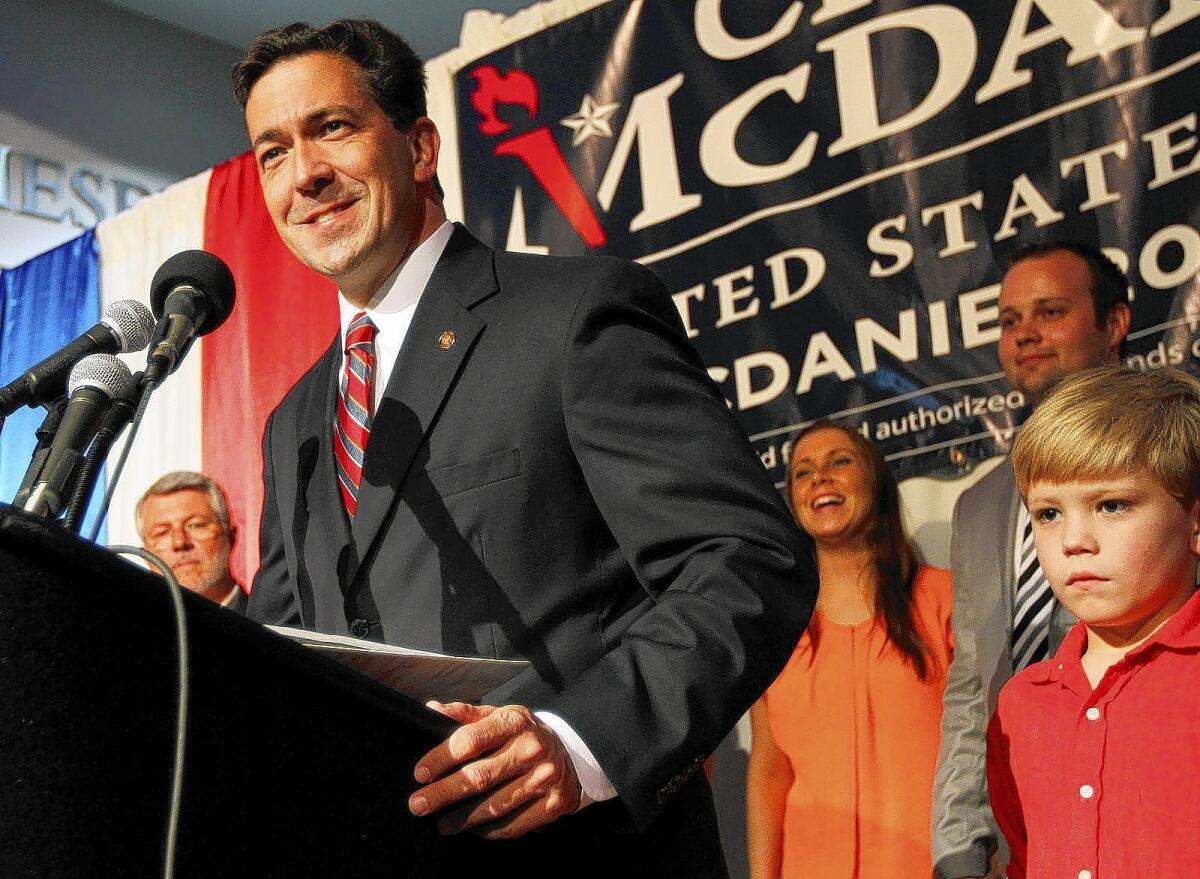 Chris McDaniel, the tea party challenger to GOP Sen. Thad Cochran, addresses his supporters on election night. The day after, he said in a statement that he might go to court over the election result.