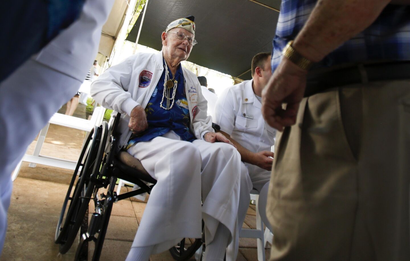 97-year-old USS Oklahoma, Pearl Harbor survivor Ray Richmond and about 24 other World War II veterans, of which about 15 are Pearl Harbor survivors, visited the students Navy Hale Keiki School during a trip sponsored by the Greatest Generations Foundation. Some told their stories of survival on December 7, 1941, the day Japan attacked Pearl Harbor thrusting The United States into World War II.