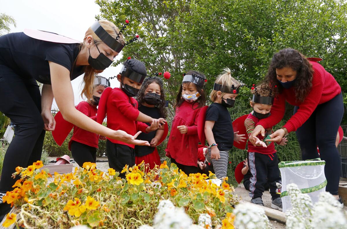 Teacher Adly Reham, far right, participates with her class of toddlers in Earth Day festivities at LePort Montessori School.