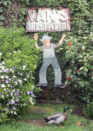 Alley Mills and Orson Bean fill their Venice backyard with retro signs from the past.