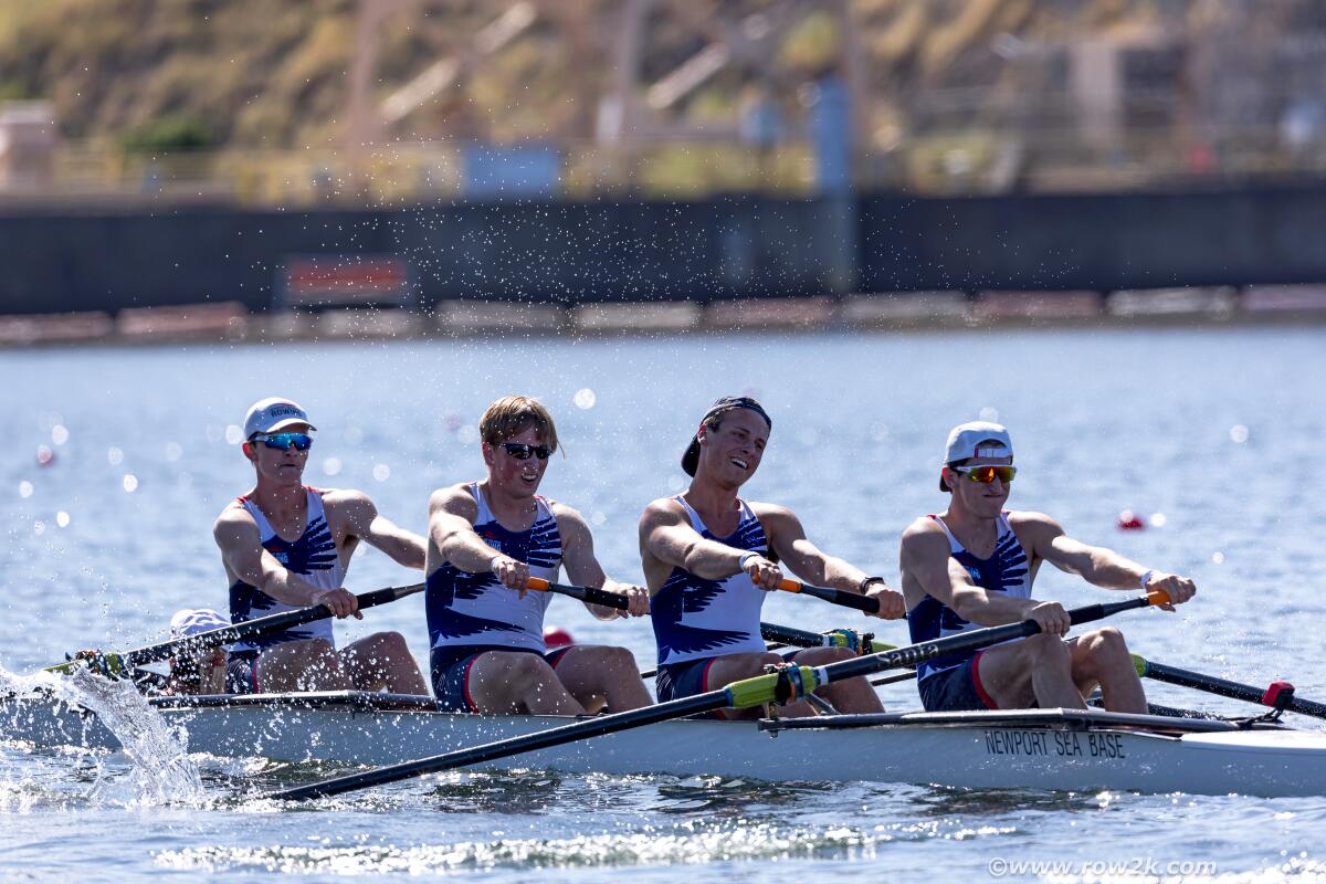 Coxswain Taryn Graves, Parker Johnson, Cooper Larkin, Pierce Edwards and Cooper Sitzman, left to right.