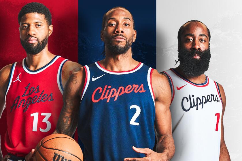 Clippers stars Paul George, Kawhi Leonard and James Harden wear the team's uniforms for next season.