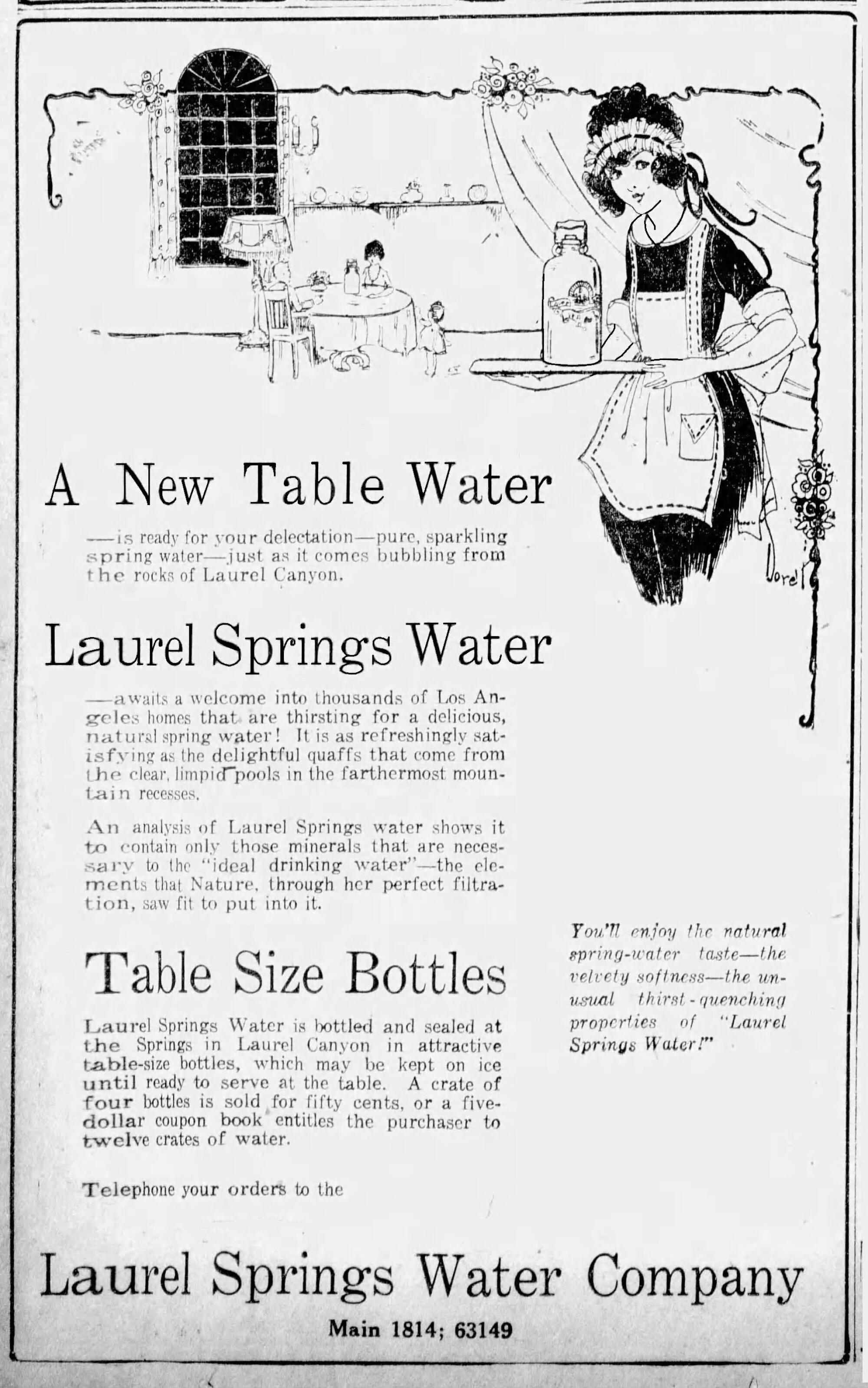 An ad for Laurel Canyon bottled water that appeared in the Los Angeles Evening Express in the 1920s.