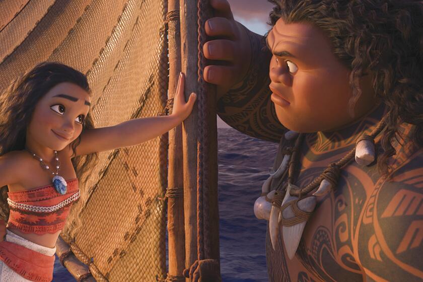 A still from the Disney animated film "Moana" shows her leaning on a boat next to the demigod Maui