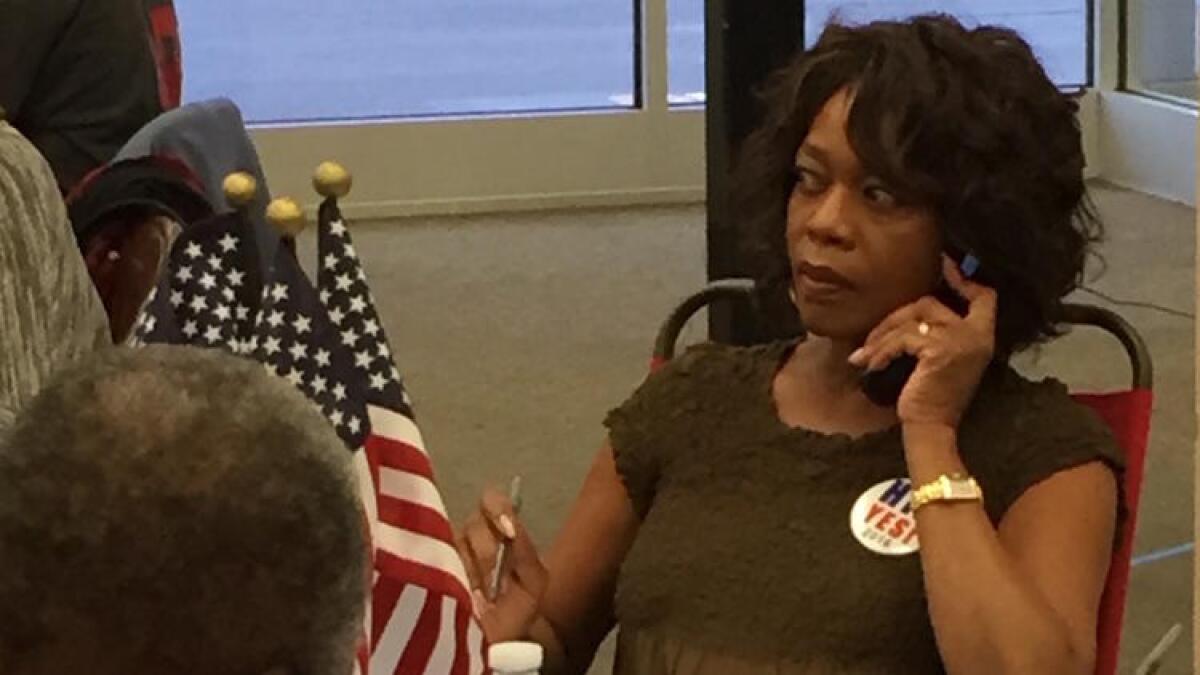 Alfre Woodard cold-calls voters from a Hillary Clinton campaign office in west Philadelphia.