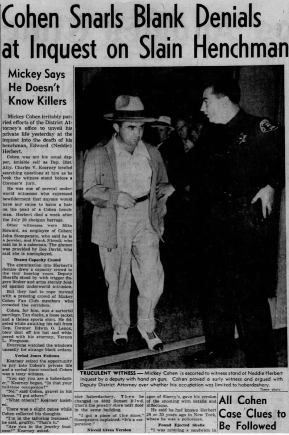 A photo of Mickey Cohen in The Times in August 1949.