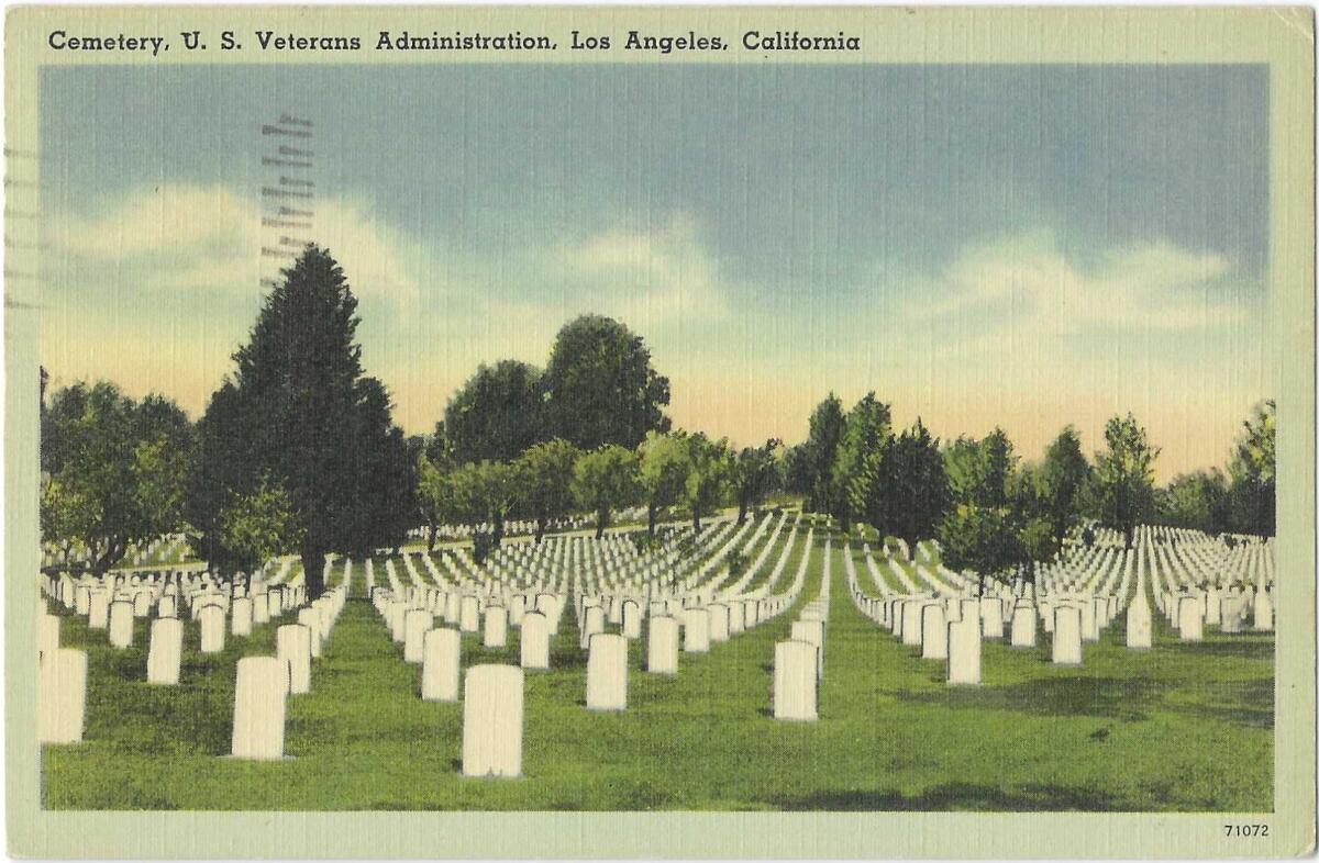 White headstones form long rows on an expansive lawn on a vintage postcard.