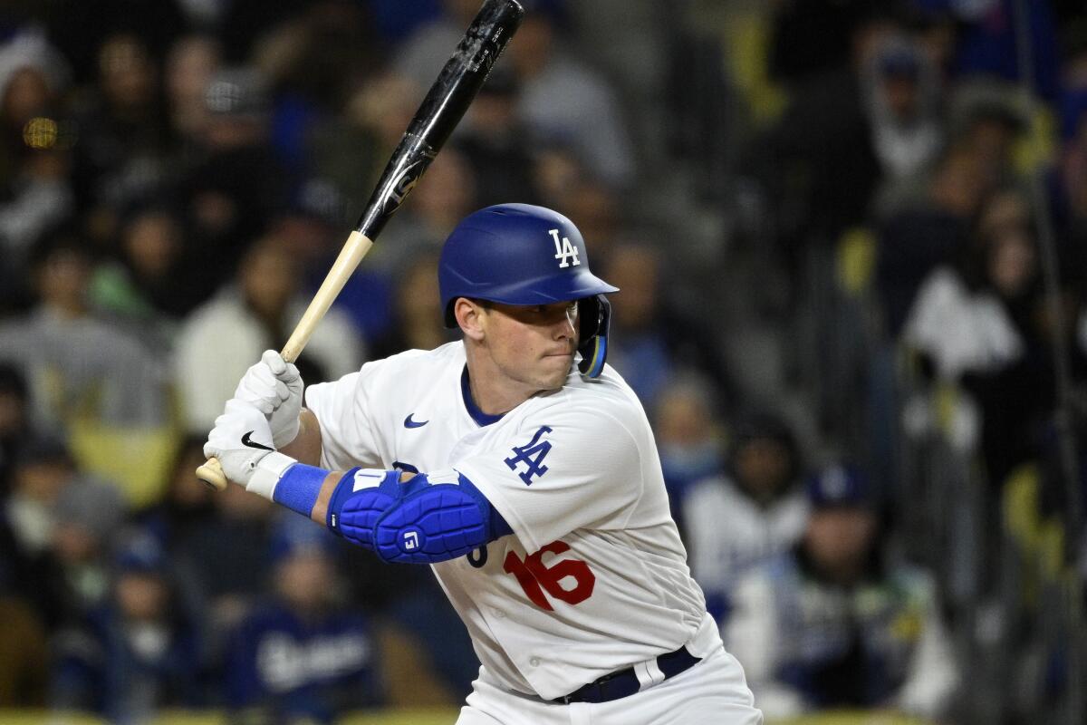Will Smith bats during the fifth inning of the Dodgers' win over the Colorado Rockies on Monday.