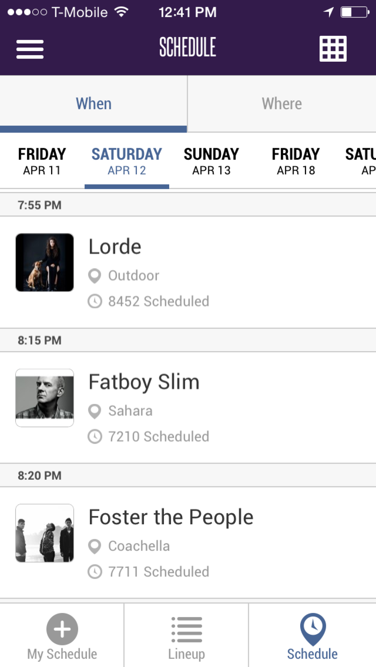A screen shot of the updated Coachella smart phone application displays which acts are buzzing.