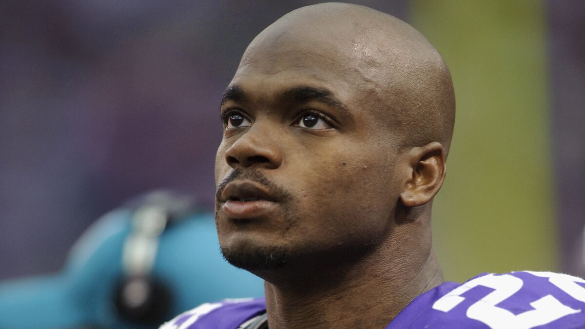 The Vikings' Adrian Peterson looks on during the game against the Carolina Panthers in Minneapolis on Oct. 13, 2013.