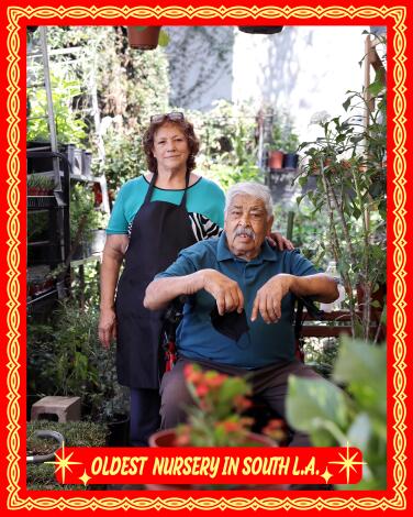 A woman and a man photographed in a nursery, with the label "Oldest nursery in South L.A."