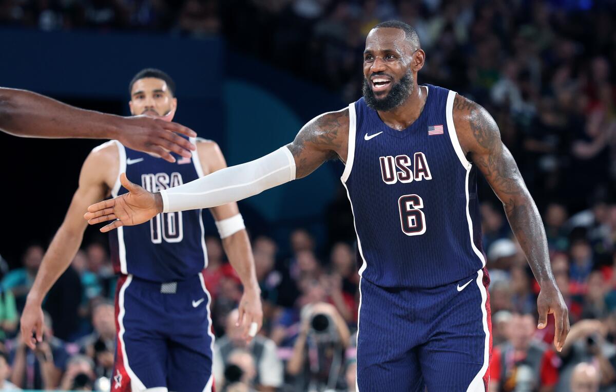 LeBron James celebrates against Brazil in the quarterfinals.