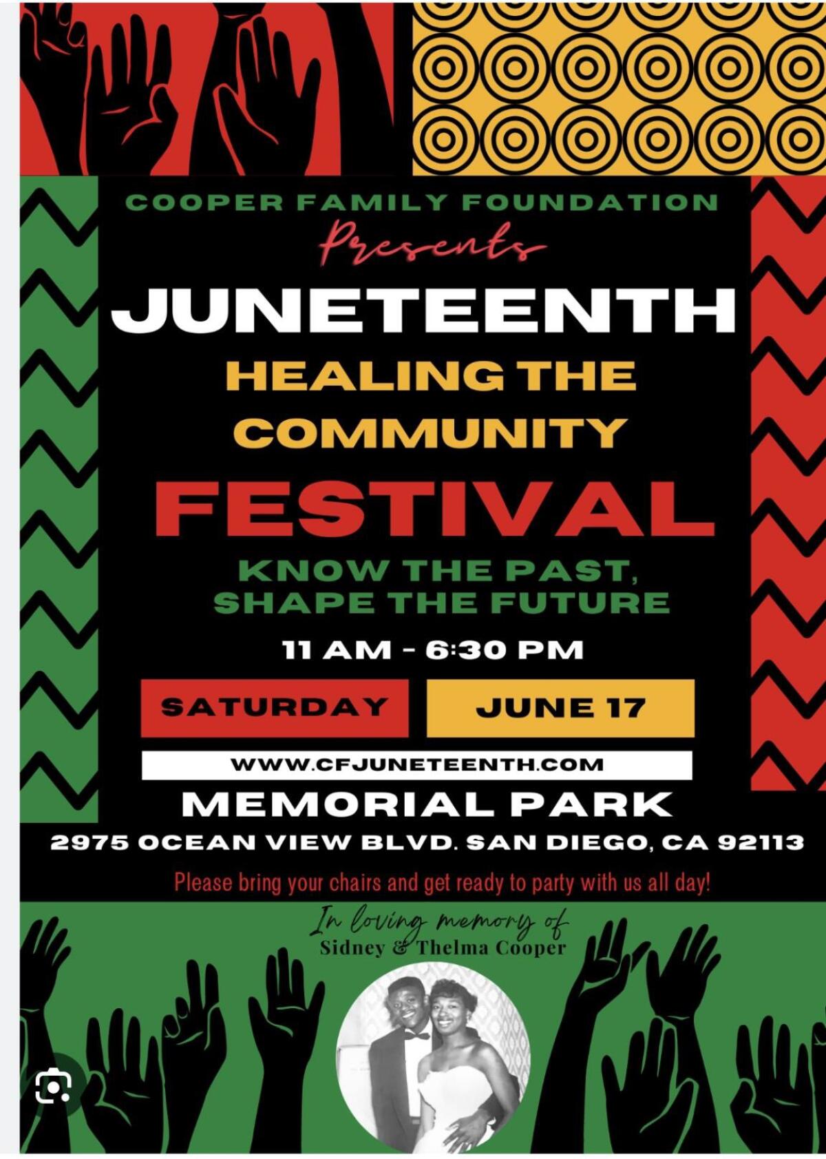 Red, yellow and green advertisement for the Cooper Family Foundation Juneteenth Freedom Festival.