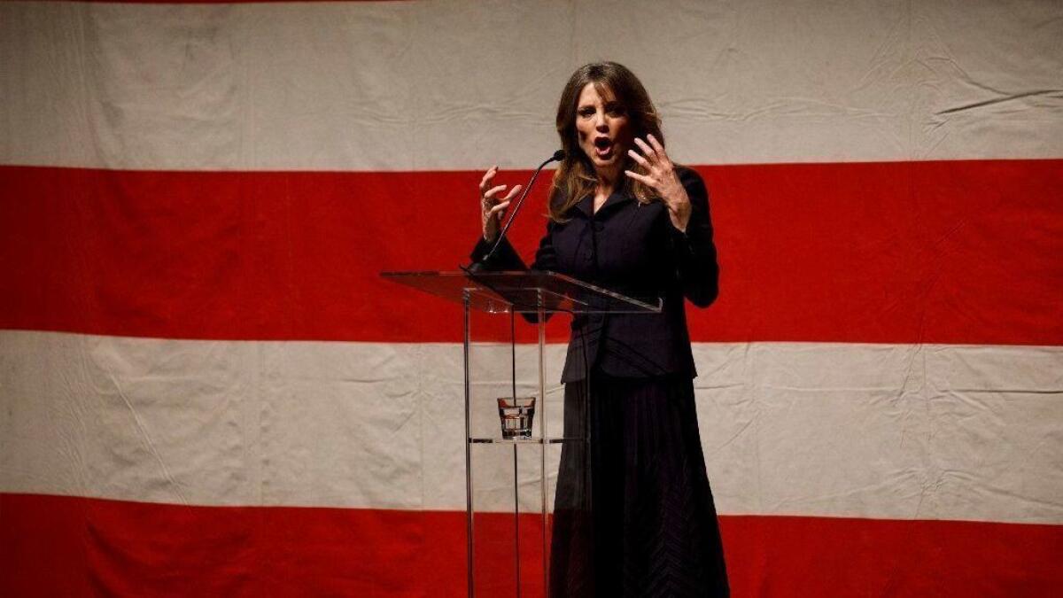 Author Marianne Williamson speaks during the announcement of her presidential campaign in Beverly Hills on Jan. 28.