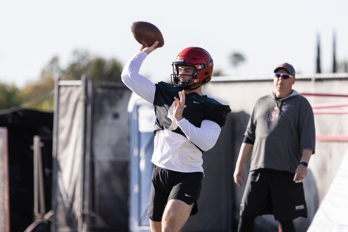 San Diego State quarterback Braxton Burmeister passed for 1,960 yards and 14 touchdowns last season at Virginia Tech.