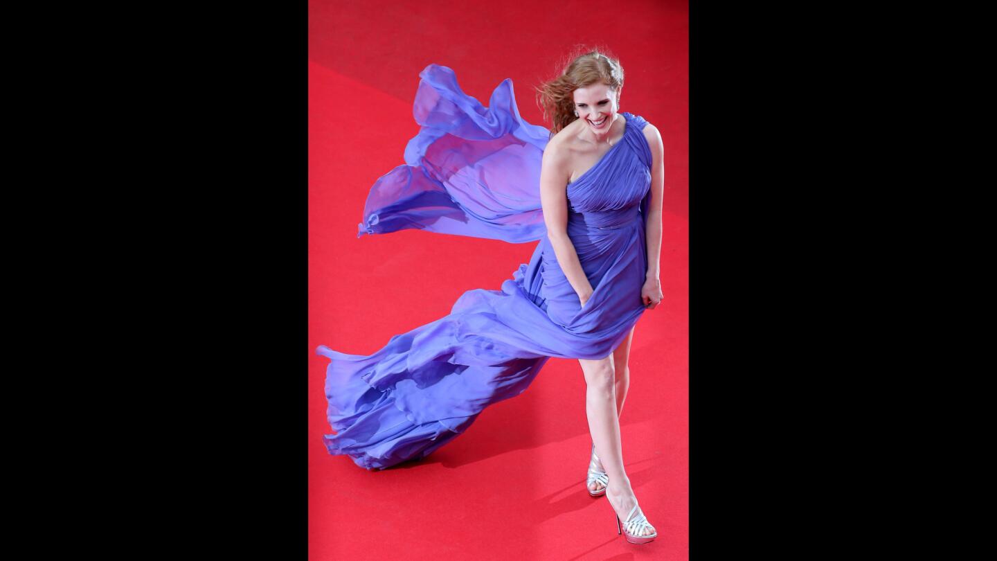 Actress Jessica Chastain in an Elie Saab gown as she arrives for the screening of the film "Foxcatcher."