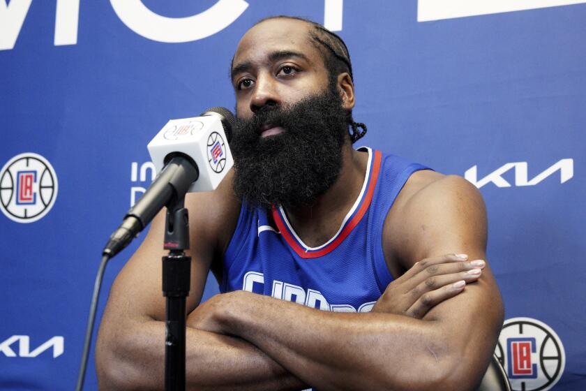 James Harden answers reporters questions as he is introduced as the newest member.