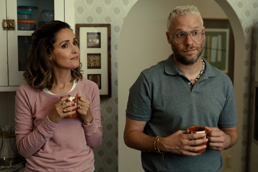 Rose Byrne as Sylvia and Seth Rogen as Will in a scene from "Platonic."