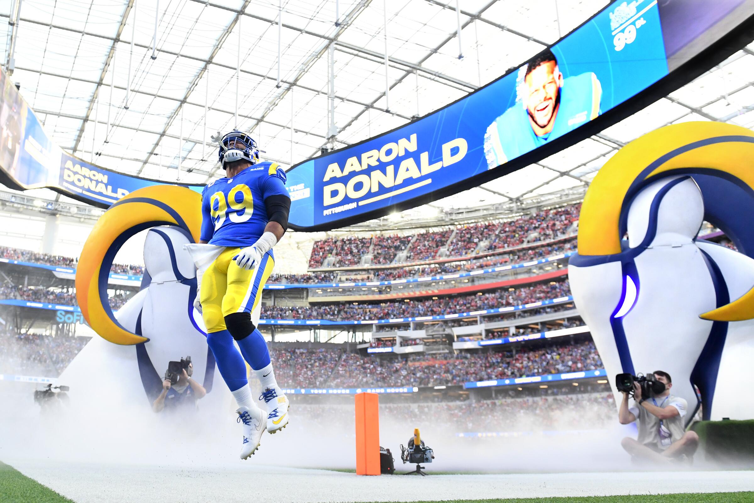 Rams defensive lineman Aaron Donald is introduced before a game.