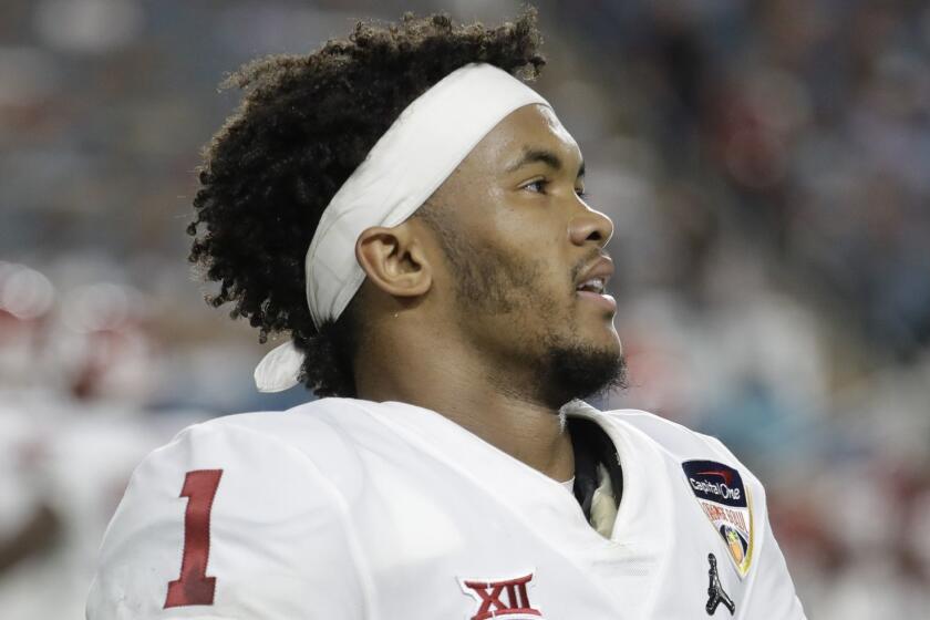 Oklahoma quarterback Kyler Murray (1) looks up, during the first half of the Orange Bowl NCAA college football game against Alabama, Saturday, Dec. 29, 2018, in Miami Gardens, Fla. (AP Photo/Lynne Sladky)
