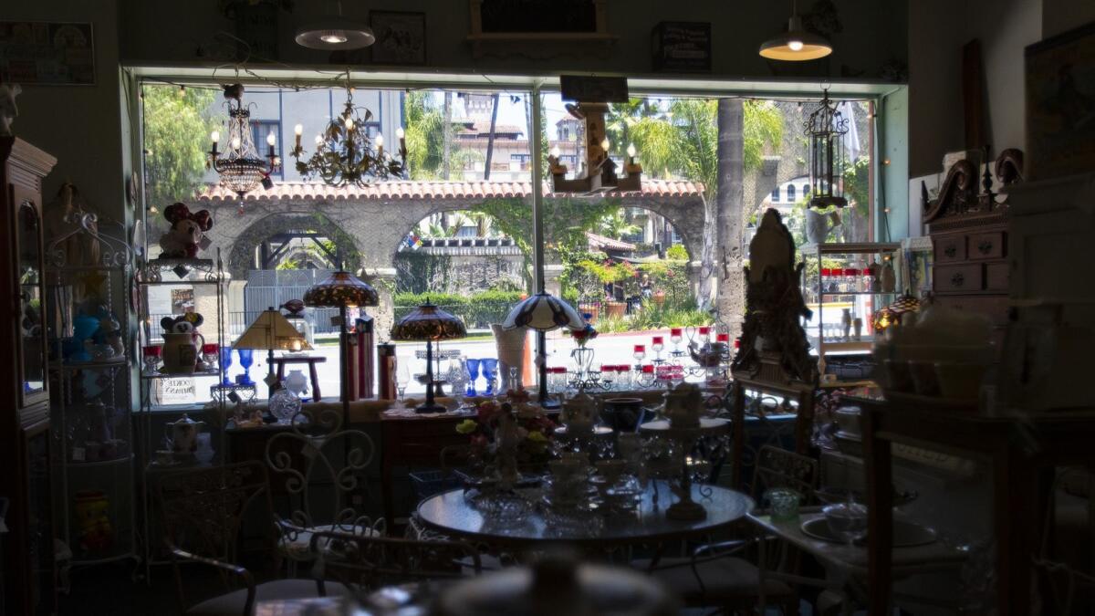 The historic Mission Inn can be seen from inside the Mission Galleria Antique Shoppe.