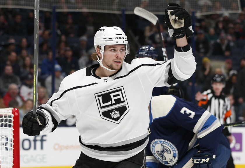 Kings right wing Adrian Kempe celebrates after scoring a goal against the Blue Jackets during the first period of a game Dec. 19.