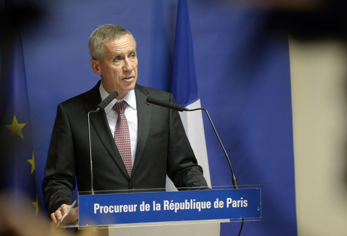 Paris chief prosecutor Francois Molins answers questions about the thwarted attack on a high-speed train at a news conference Aug. 25.