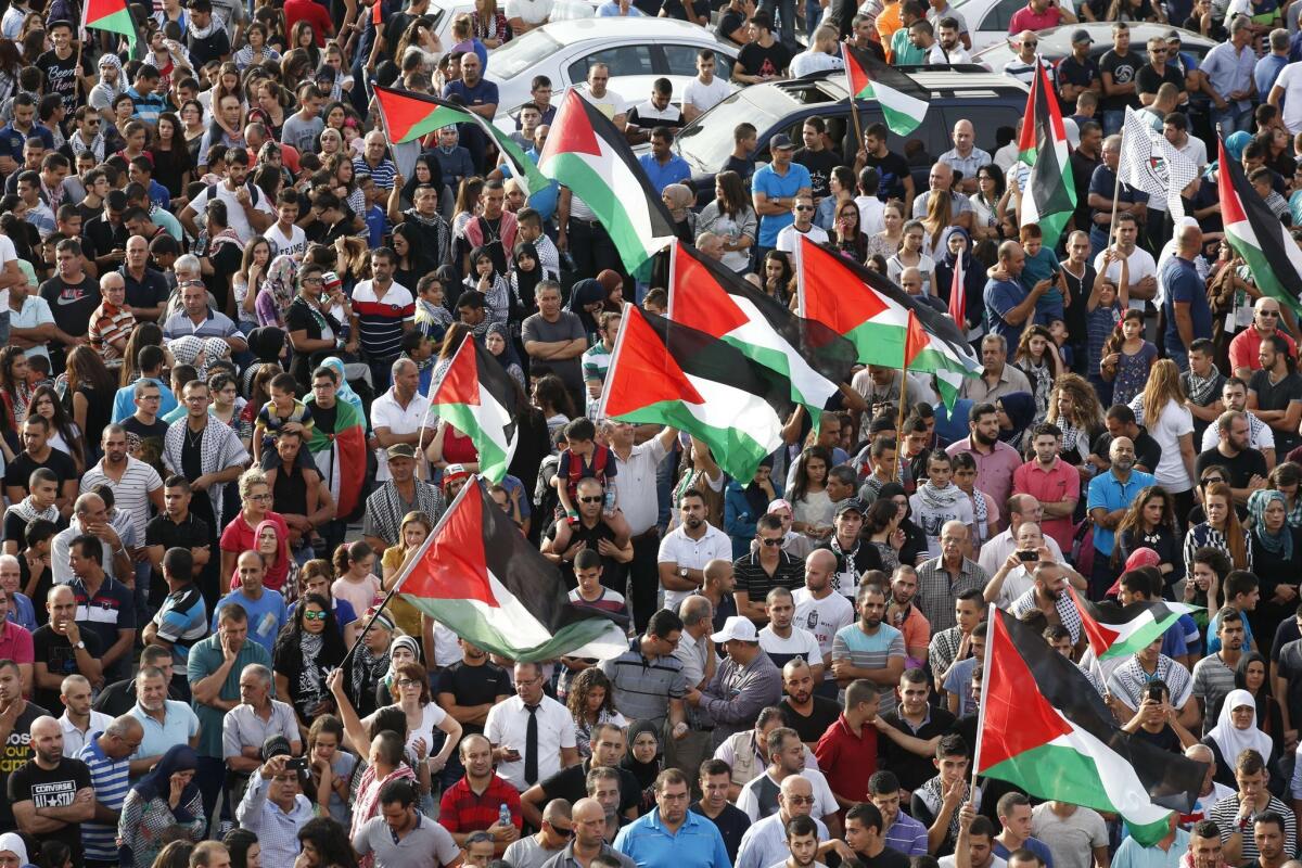 Arab Israelis, some holding Palestinian flags, take part in a large demonstration as part of a general strike to support Palestinians who call for a "day of rage" in the northern Arab-Israeli town of Sakhnin.