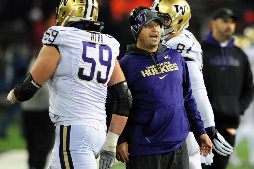 Steve Sarkisian coaches Washington during a 69-27 victory over Oregon State last month.