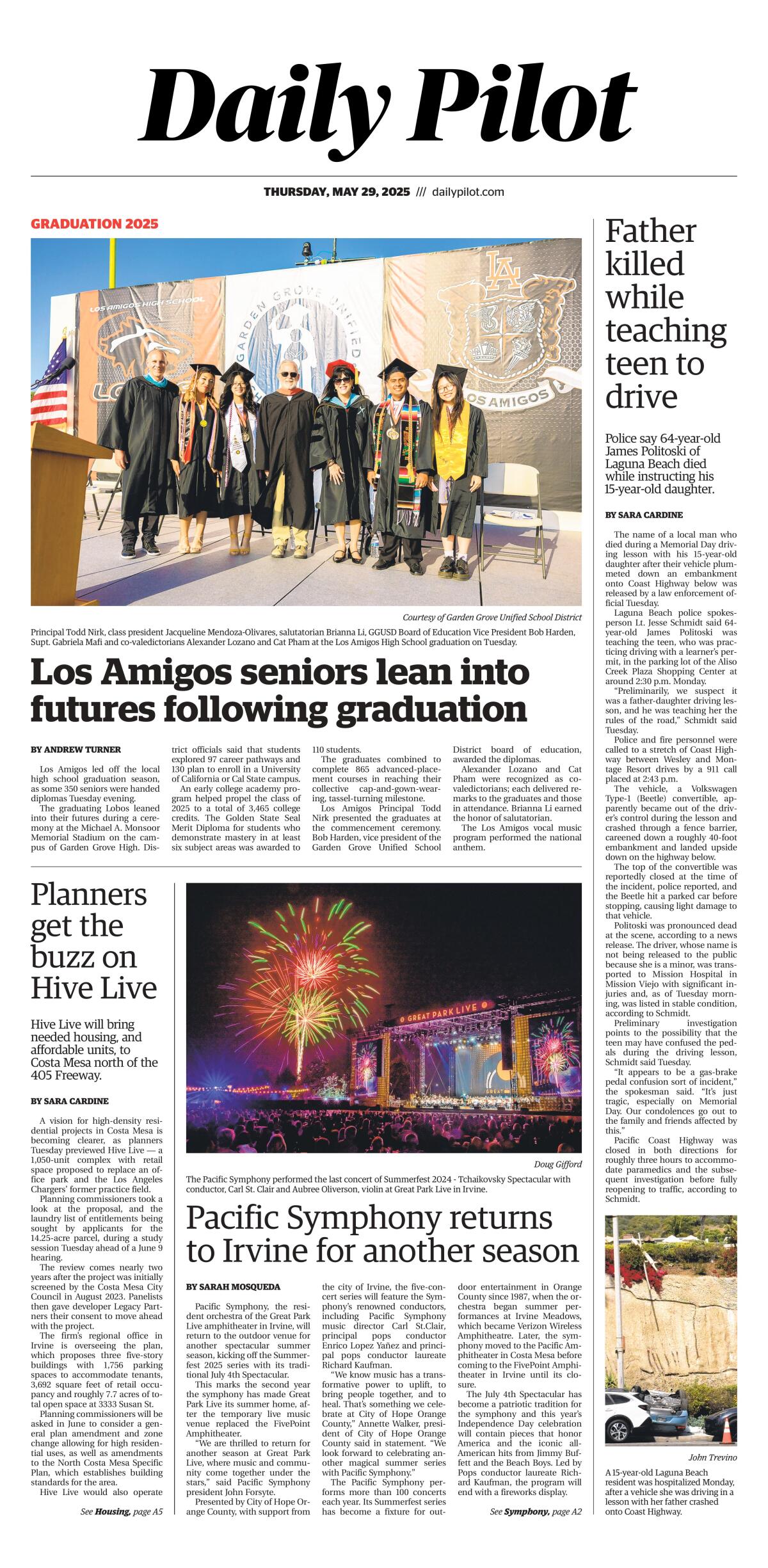 Front page of the Daily Pilot e-newspaper for Thursday, May 29, 2025.