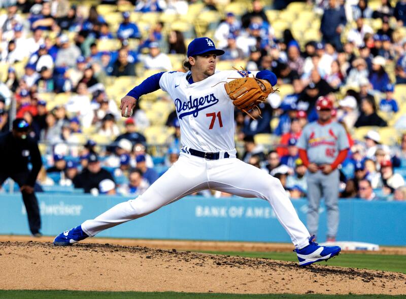 Dodgers starting pitcher Gavin Stone (71) pitches to the St Louis Cardinals in the fifth inning on March 31, 2024 at Dodger Stadium in Los Angeles, California.(Gina Ferazzi / Los Angeles Times)