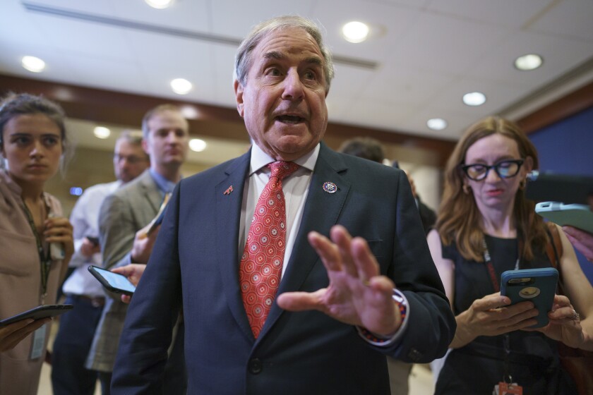 House Budget Committee Chairman John Yarmuth, D-Ky., pauses for reporters after meeting with the House Democratic Caucus and Biden administration officials to discuss progress on an infrastructure bill, at the Capitol in Washington, Tuesday, June 15, 2021. (AP Photo/J. Scott Applewhite)