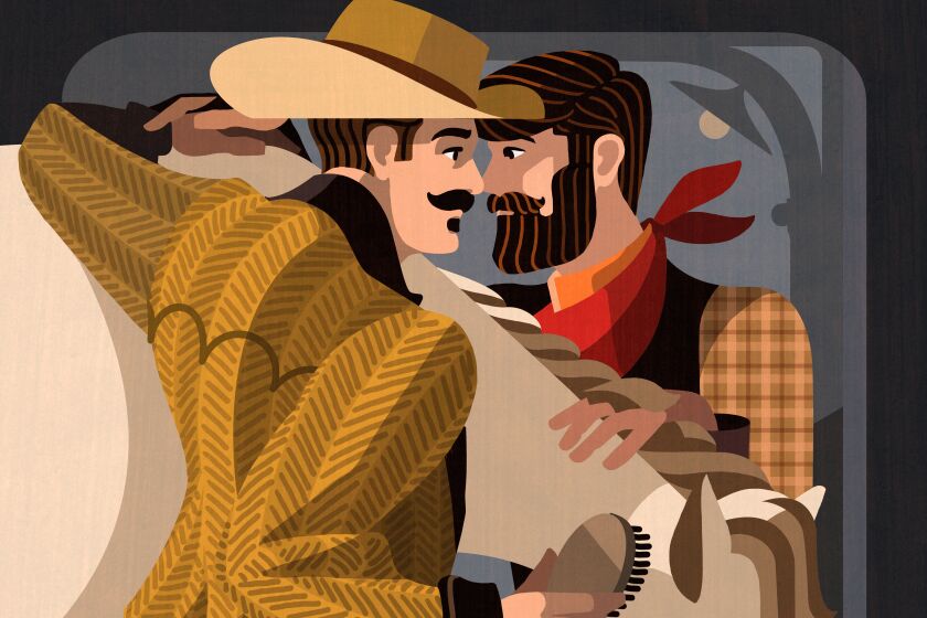 Two cowboys gazing romantically at each other.