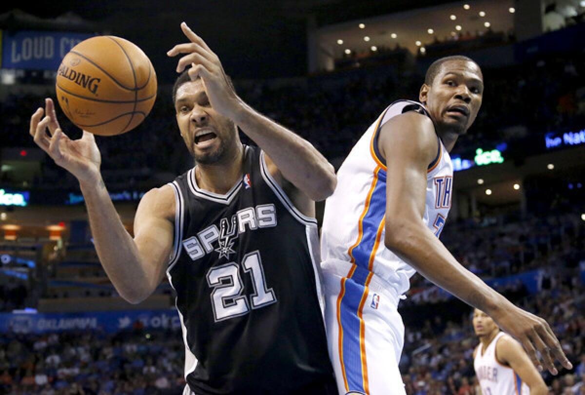 Don't be surprised if Tim Duncan (21) and the top-seeded Spurs meet Kevin Durant and the second-seeded Thunder in the Western Conference finals. Then again, don't be surprised if the Clippers, Rockets, Blazers, Warriors or Grizzlies make it there instead of the two favorites.