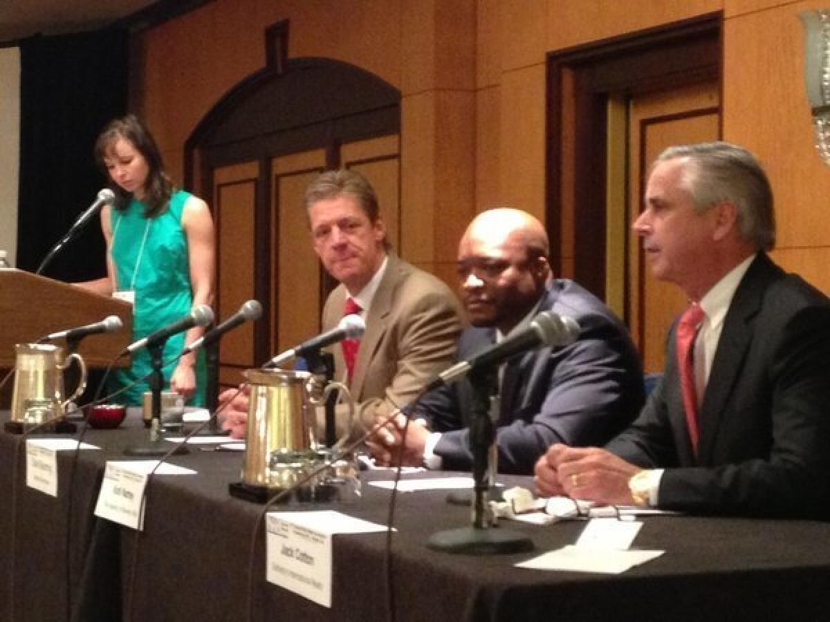 Agents Jack Cotton of Cotton Real Estate, Kofi Nartey of the Agency and David Boehmig of Atlanta Fine Homes discuss the state of the luxury home market at a panel moderated by Alyssa Abkowitz of the Wall Street Journal.